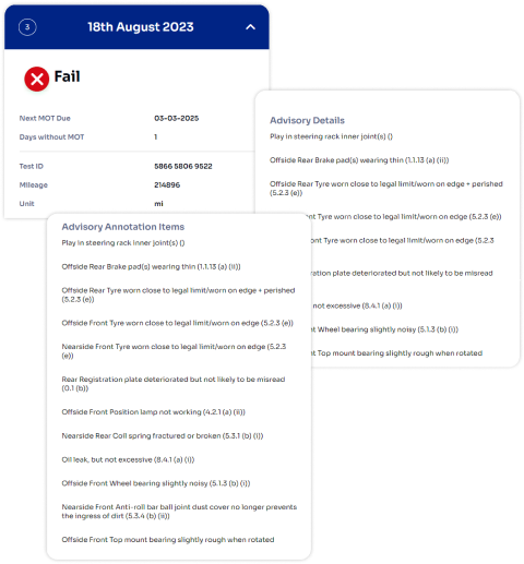 Report of a vehicle's MOT test results from 18th August 2023, showing a fail status with advisory details and annotation items. The report includes advisories on issues like brake pad wear, tire wear, steering rack play, and various other vehicle defects.